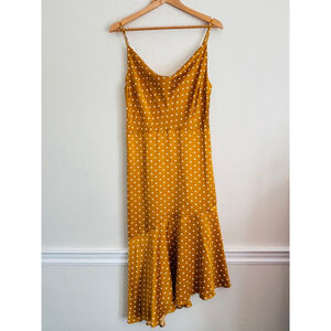 J.O.A. Mustard Polka Dot Cowl Neck Asymmetrical Midi Slip Dress Size L Cocktail